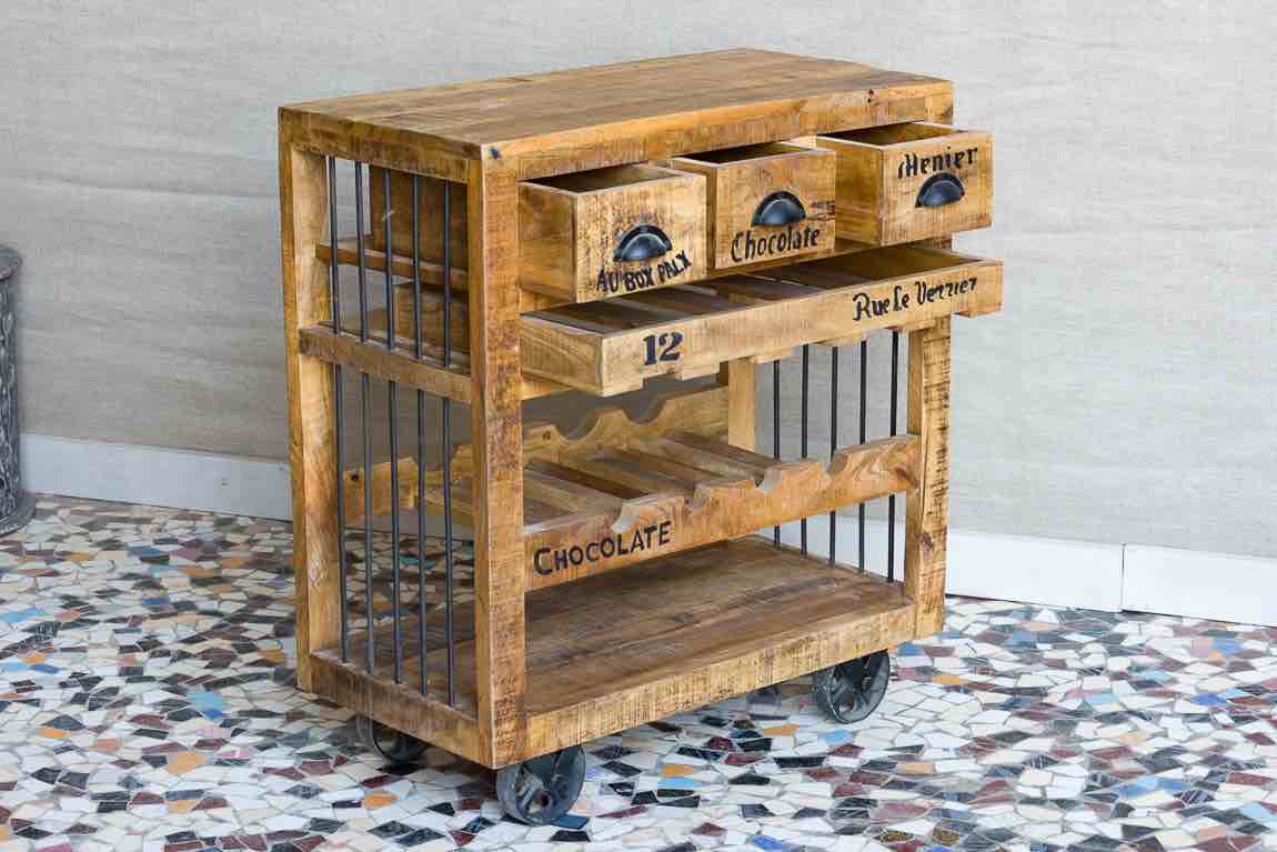 SIT-Möbel 1987-02 Wine Chest of Drawers Mango Wood with Wear Marks, 78 x 48 x 87 cm, 3 Drawers, 4 Casters, 4 Wine Shelves, 1 Removable Tray