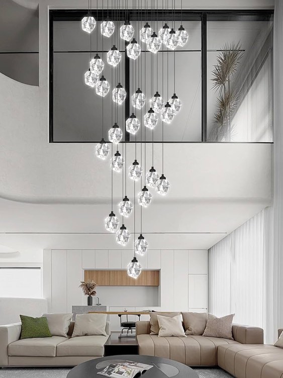 IDEQUY Large Black Staircase Chandelier 150 inch Long Crystal Chandelier for High Ceiling Entrance Crystal Ceiling Lighting LED Dimmable 3000-6000K 32 Light