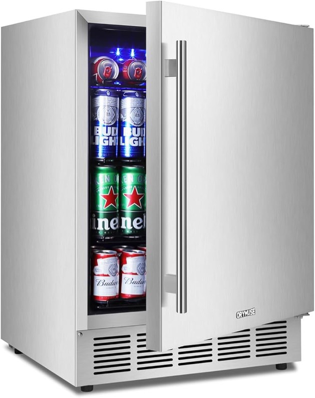ORYMUSE 24" Outdoor Beverage Cooler Fridge - Undercounter Refrigerator, Stainless Steel Seamless Door - Holds 180 Cans, Powerful Cooling Compressor - Patio Kitchen, Commercial Use