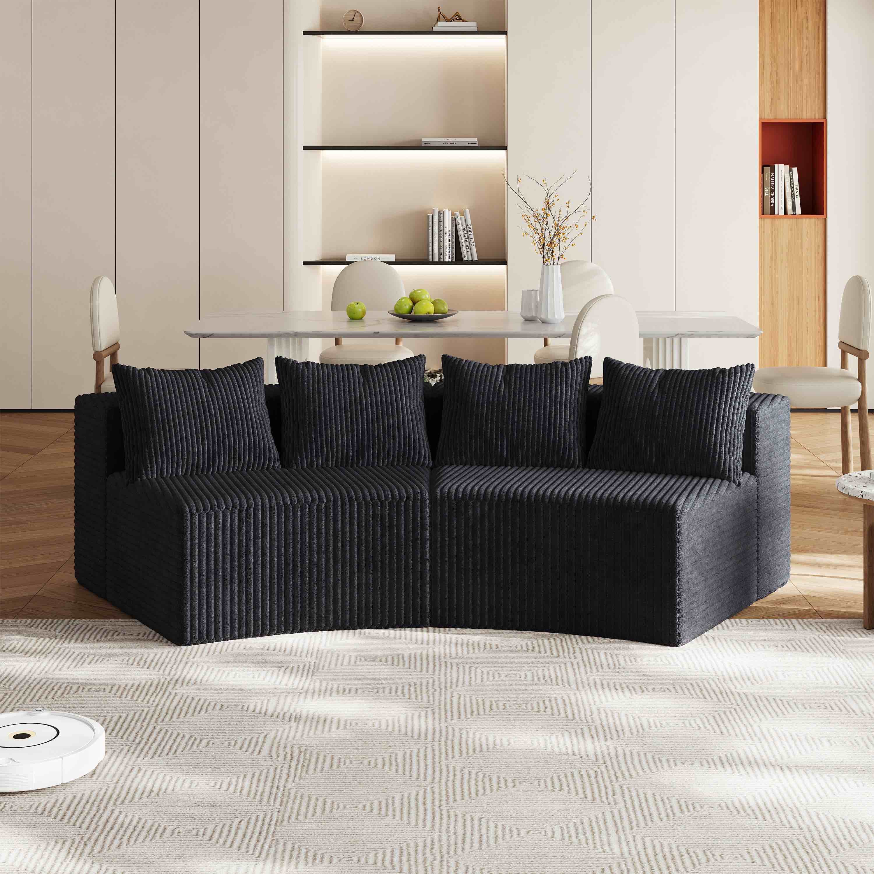 Corduroy curved sectional sofa with four pillows,Curved Symmetrical Modular Semi Circular Sofa Sectional for bedroom, living room, office for leisure or nap, reading room, and lobby(Two modules) SKU: W834P232285