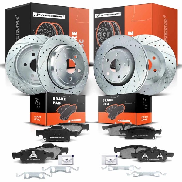 2011-2018 Jeep Grand Cherokee Drilled & Slotted Disc Brake Rotors and Ceramic Pads Kit, 12 Pcs, Front & Rear, A-Premium, APBRPS158
