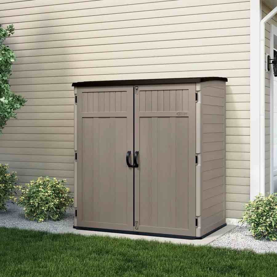 Lifetime Vertical Storage Shed, Desert Sand, Resin Outdoor Tool Shed with Lockable Doors and Weather-Resistant Panels