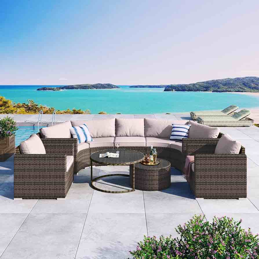 9-Pieces Outdoor Half-Moon Patio Sofa Set, Modern All-Weather Wicker Round Sectional Sofa Set with Two Overlapping Tables for Couch, Porch, Backyard (Beige+Brown) (INCLUDES 3 of 4 BOXES AI SAYS BOX 4 CONTAINS SOME CUSHIONS.)