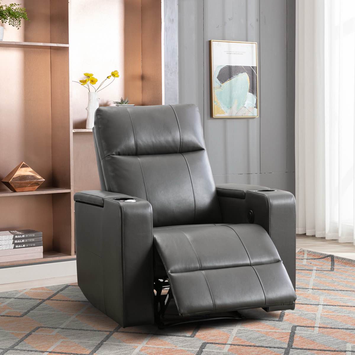 Rugiatu 33.1" Wide Modern Electric Power Breathable Leather Reclining Home Theater Seating with Arm Table and Cup Holder (Tray Sold Seperately.)