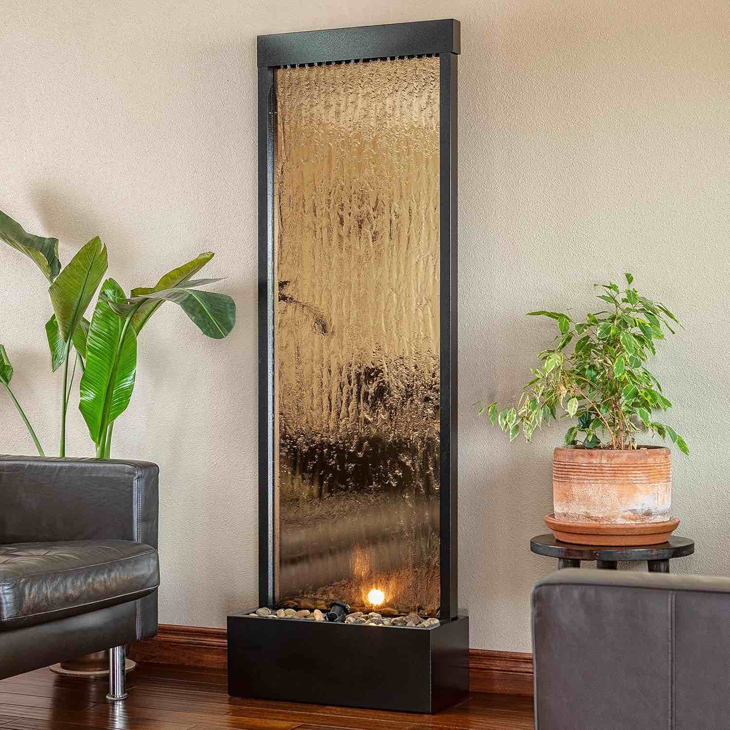 Alpine Corporation 72"H Indoor/Outdoor Mirror Waterfall Floor Fountain - LED Lights & River Stones - Elegant Bronze Finish for Home, Office, Patio & Entryway Décor