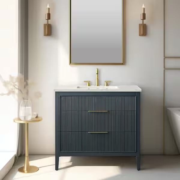 SUDIO Emma 36 in. W Bath Vanity in Vintage Blue with Engineered Stone Top in Arabescato with White Sink EMMA-36VB