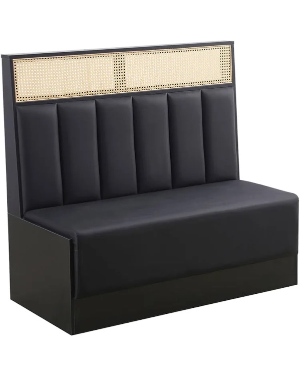 6-Vertical-Channel black Vinyl single booth with Natural Woven Rattan Head Roll. By ERF, Inc.