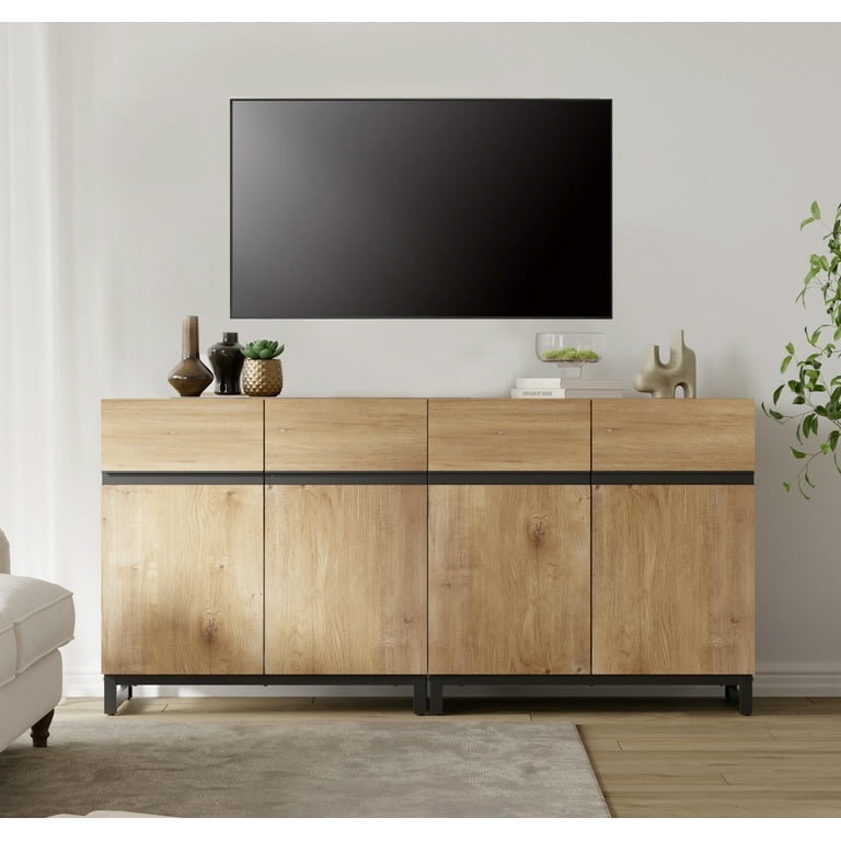 wampat modern tv stand for tvs up to 70 inch, 2 in 1 entertainment center tv console with adjustable shelves and metal base for living room,bedroom,oak