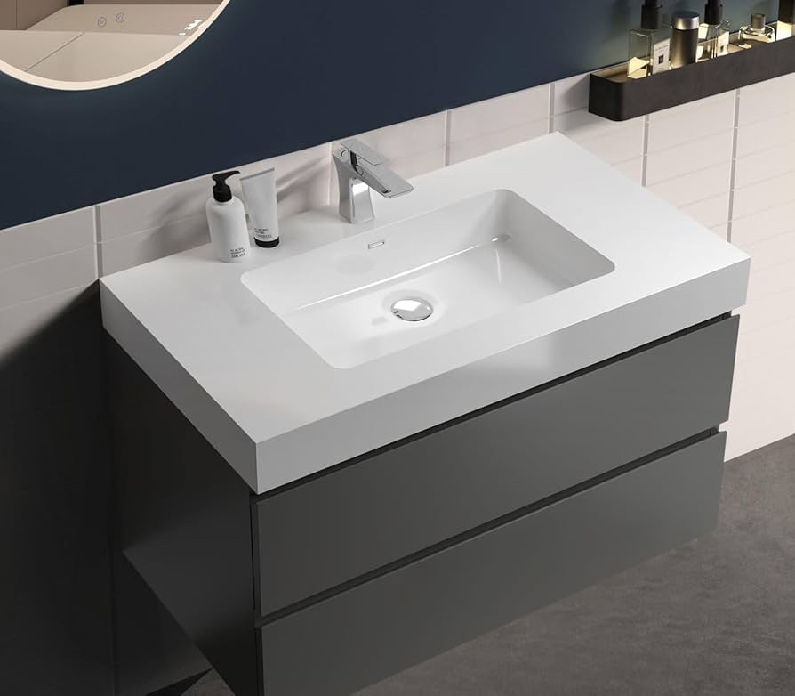 30 Inch Sleek and contemporary,Integrated solid surface basin WITHOUT drain and faucet,glossy white color - White1