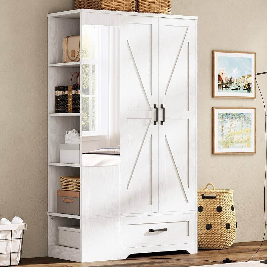 LIKIMIO Armoire Wardrobe Closet 70 Inches, Large Storage with Mirror, 2 Doors, Drawer, and Shelves, Modern Bedroom Freestanding Wooden Wardrobe Combination with Hanging Rail, White
