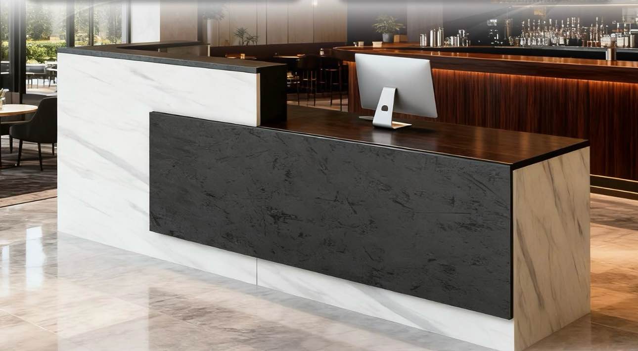 Featured:YTELantivo L-Shaped Reception Desk with Counter, 1-Inch Thick Board, Lockable Drawers & Keyboard Tray