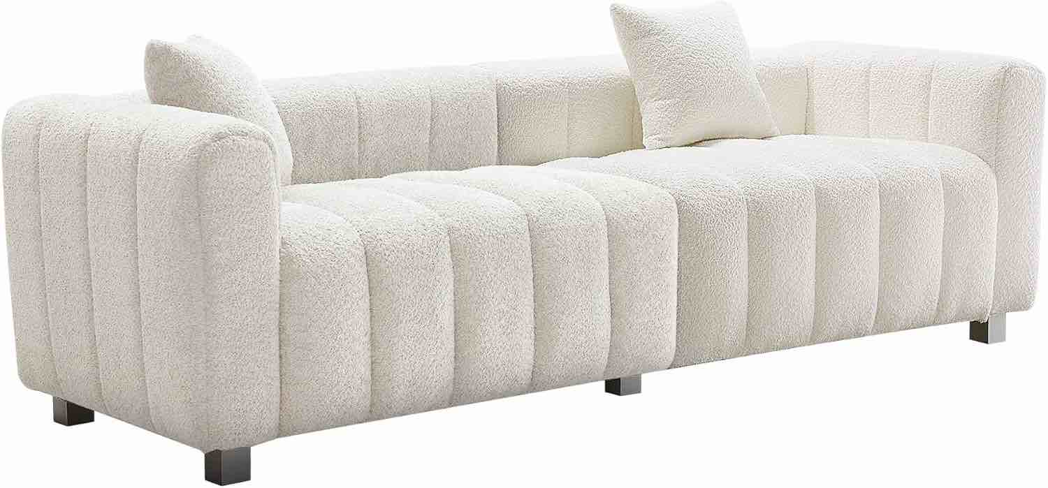 Condition photo showing As Is for SZLIZCCC 87.4" Modern Upholstered Sofa, Piano-Key Tufted Teddy Velvet Couch, 3-Seater Comfortable Living Room & Office Sofa (White)