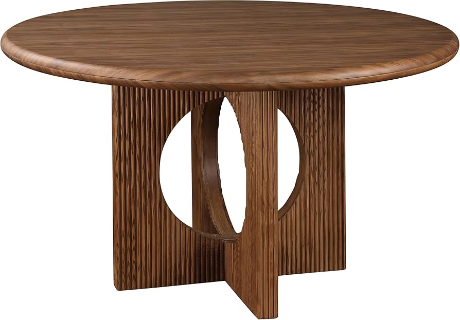 Condition photo showing New/Like New for Meridian Furniture 766Walnut-T Rivas Collection Mid-Century Modern Dining Table with Rich Finish Oak Veneer, Fluted Base, 54" W x 54" D x 31" H, Walnut