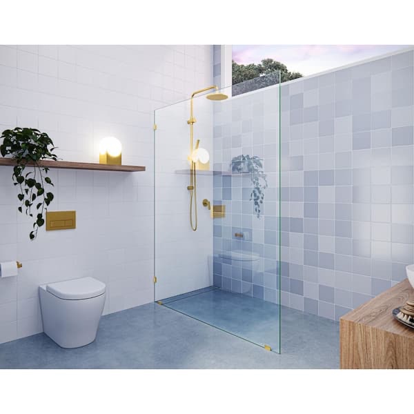 Condition photo showing New/Like New for Glass Warehouse Vela 60 in. W x 78 in. H Frameless Fixed Single Panel Shower Door in Satin Brass Without Handle