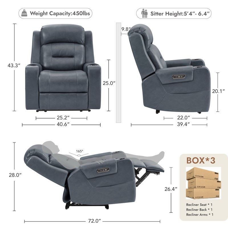 Condition photo showing New/Like New for Olathe Genuine Leather Dual Motor Lay Flat Power Recliner With Power Headrest By Lark Manor WLD-888-408-3E-BLUE  Blue Leather gold cupholders gold stitching