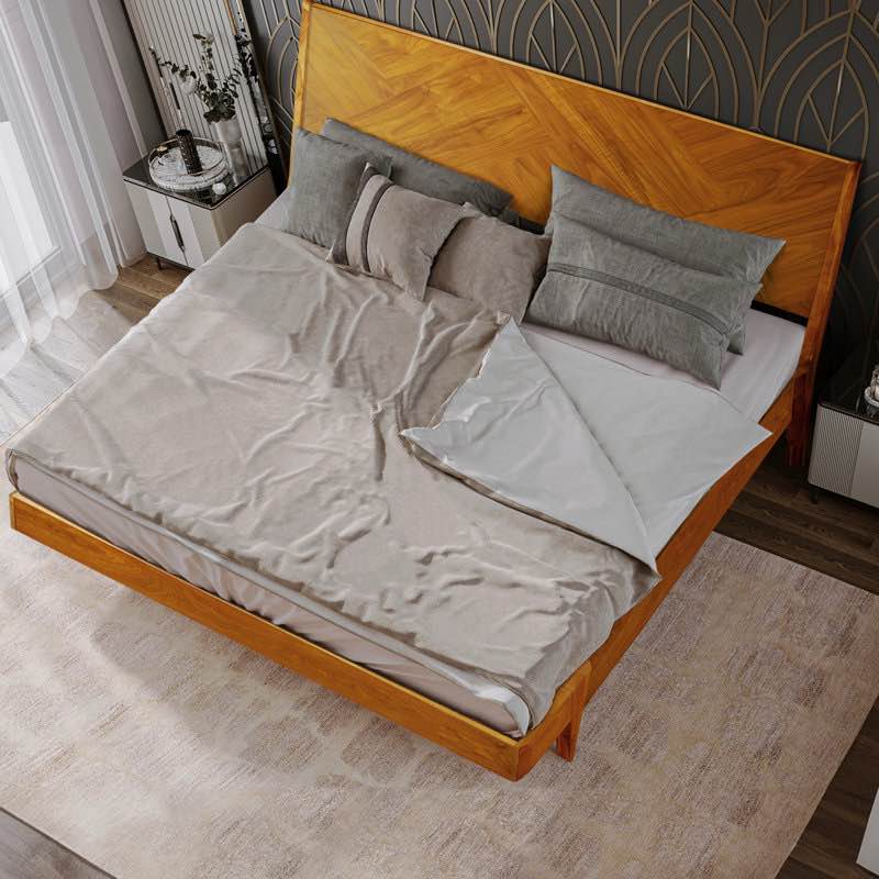 Condition photo showing New/Like New for Gazelle solid wood bedframe with artistic pattern headboard 456-053-3075, Caramel