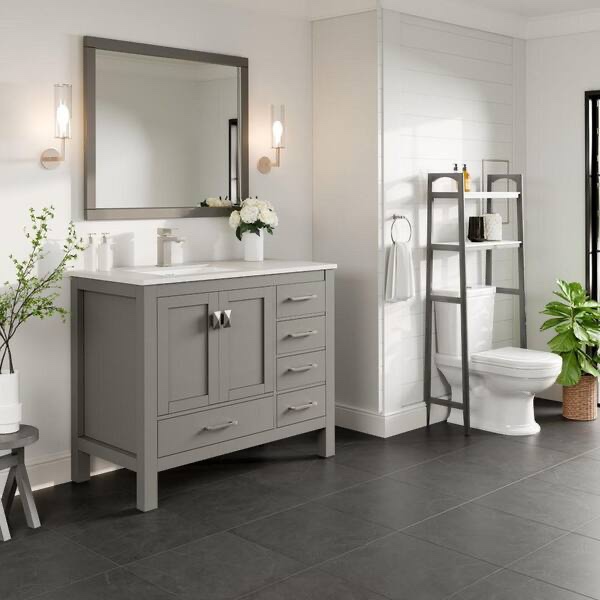 Condition photo showing New/Like New for Eviva London 42 in. Single Sink Gray Bath Vanity with White Carrara Quartz Top (Assembled)