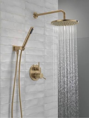 Delta Faucet Modern Raincan 2-Setting Round Shower System Including Rain Shower Head and Handheld Spray Gold, Rainfall Shower System Gold, Shower Valve and Trim Kit, Champagne Bronze 342702-CZ