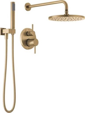 Condition photo showing New/Like New for Delta Faucet Modern Raincan 2-Setting Round Shower System Including Rain Shower Head and Handheld Spray Gold, Rainfall Shower System Gold, Shower Valve and Trim Kit, Champagne Bronze 342702-CZ