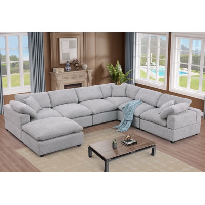 Condition photo showing New/Like New for Vivianna 7- Piece Comfy Reversible Corner Sectional Sofa Couch With Ottoman By Latitude Run, Light Gray