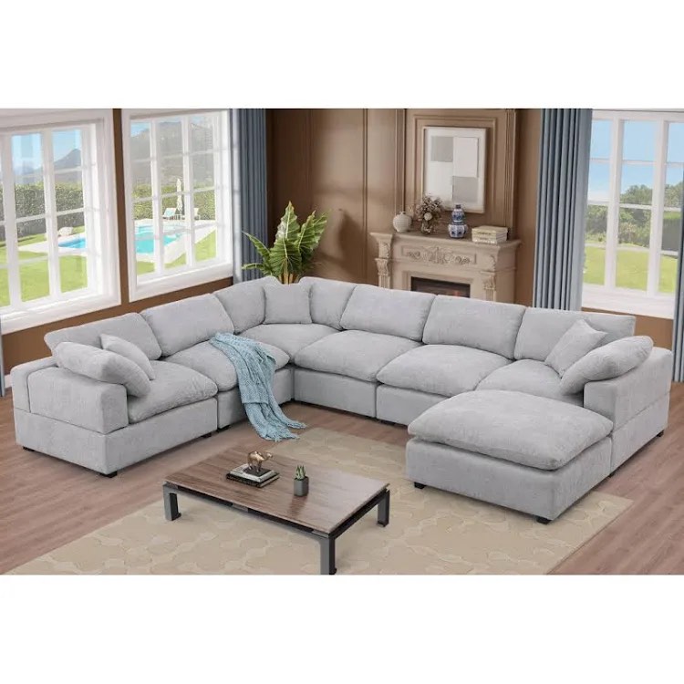 Vivianna 7- Piece Comfy Reversible Corner Sectional Sofa Couch With Ottoman By Latitude Run, Light Gray