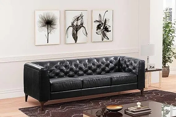 POLY & BARK Essex 89” Full-Grain Italian Leather Sofa – Tufted Back, Feather-Down Comfort, Solid Wood Frame, Onyx Black