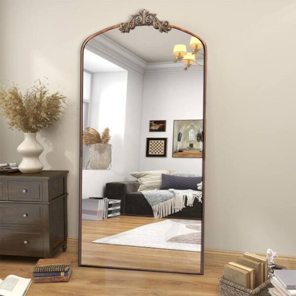 Condition photo showing New/Like New for Vintage Ornate Antique Bronze 36 in. W x 66.5 in. H Arched Metal Full Length Mirror