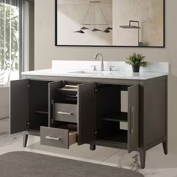 Condition photo showing New/Like New for Vanity Art Renzo 60 in. W. x 22 in. D x 38 in. H Single Sink Bathroom Vanity Cabinet Driftwood Gray with Engineered Marble Top in White