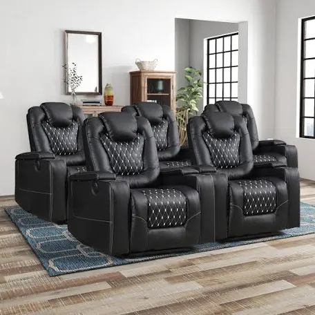 canmov electric power recliner chair set of 4, breathable leather home theater seating with hidden arm storage, power recliner chair for living room with usb ports and cup holders,black