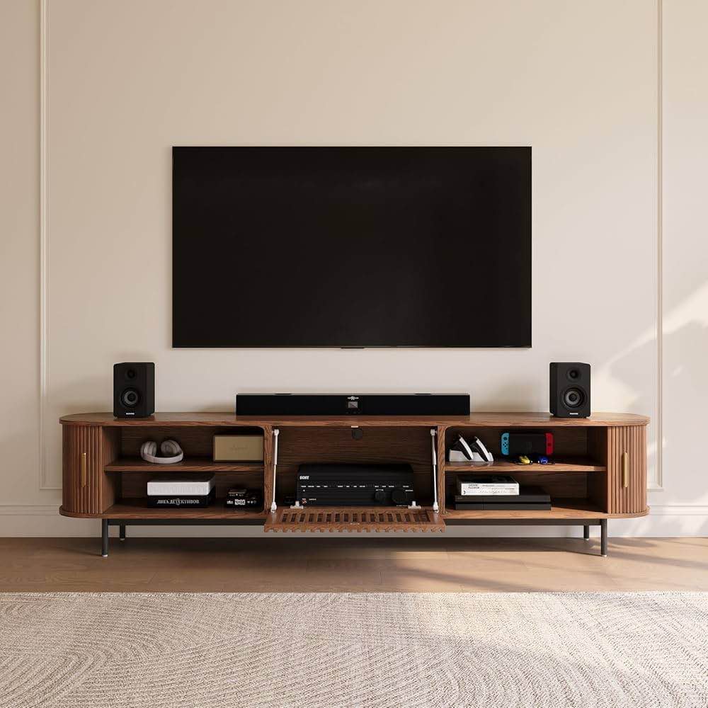 povison fully-assembled mid century modern tv stand for 75+ inch tv, sliding door entertainment center with storage, wood tv console, media console for living room bedroom(walnut, 94.49")