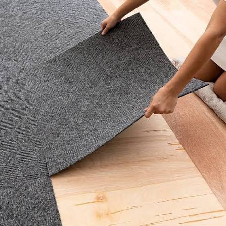 Condition photo showing New/Like New for (288 sq ft.) mohawk group 24by24 carpet squares common area 24-in x 24-in precious metal gray commercial/residential adhesive indoor carpet tile ( 96-sq ft per package.) (bid is per sq. ft., lot is for 288 sq ft total. msrp $3.66 per sq ft.)