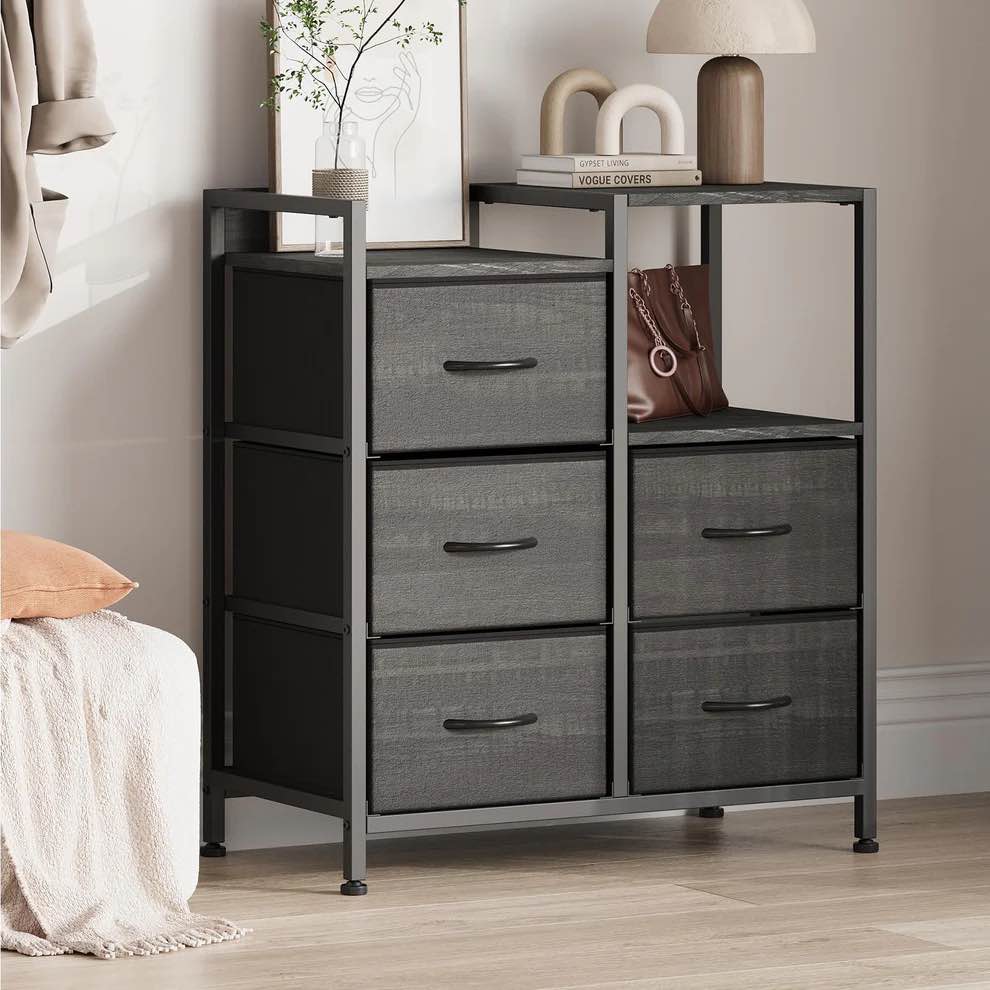 Garvee Garvee 5 Drawer Mobile File Cabinet with Open Storage Shelf, Rolling Printer Stand and Fabric Lateral Filing Cabinet for Home Office, Fits A4 or Letter Size Files, Black PHK_35DTN5T4