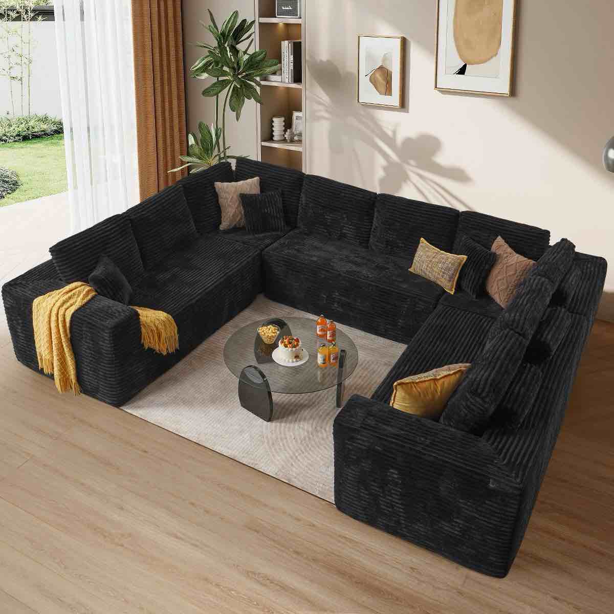 Featyred:HOMLUX HUGE Modular Floor Sofa with Plush Corduroy, Big Comfy U-Shaped or 2 L-Shape or Tons of Other Configurations Boneless Sectional Couch- Black!!! 3 DAY PICK-UP 4/12,4/18,4/19
