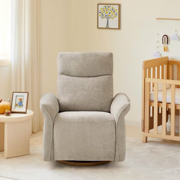 Spruce & Spring Isla Taupe Fabric Triple-Motor 270° Swivel Power Nursery Glider Recliner with Power Headrest Lumbar Support Side Pockets