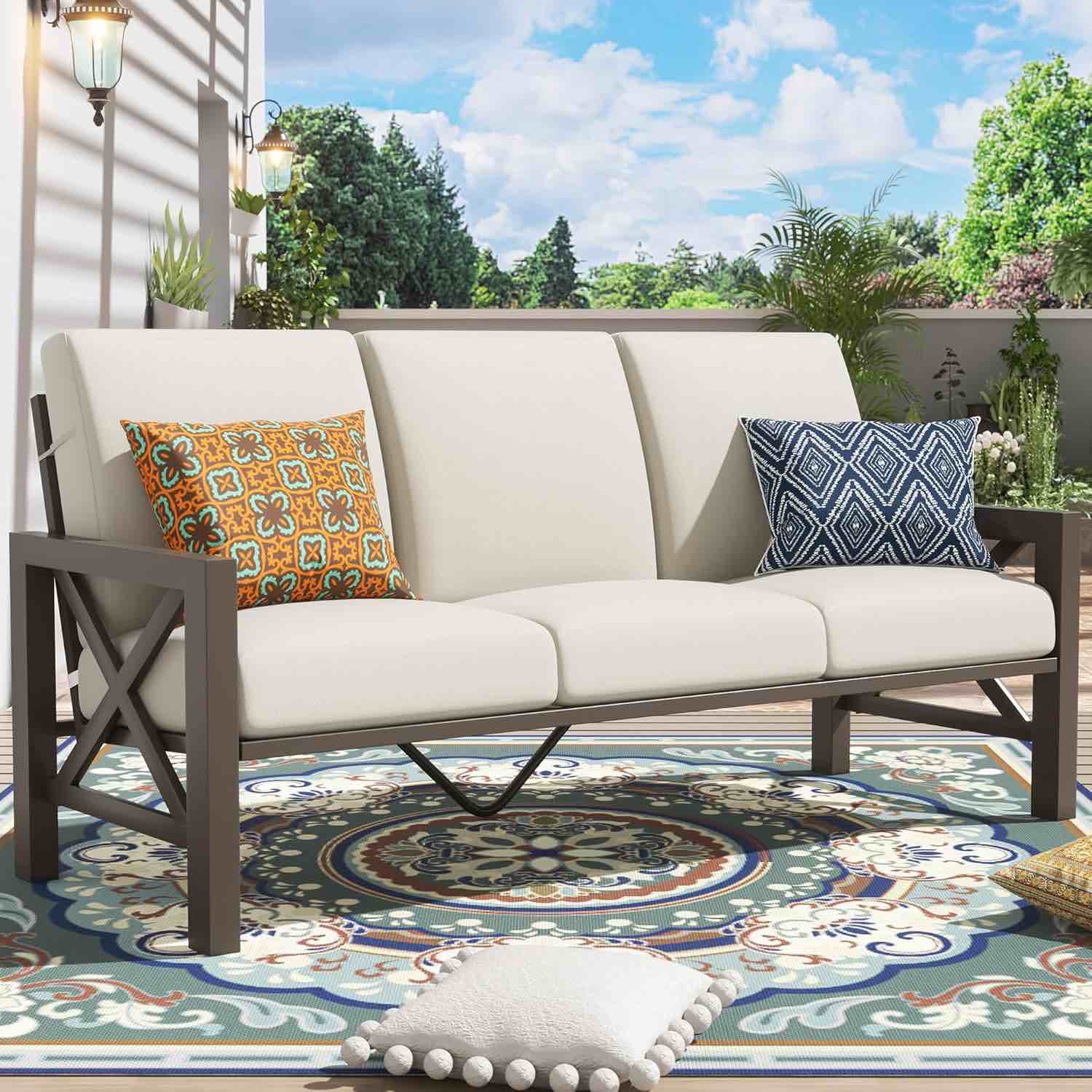 NATURAL EXPRESSIONS Patio 3 Seater Sofa Patio Furniture Set Outdoor Deep Seating Couch with 6.5'' Thick Olefin Cushion,High Back Metal Frame for Garden,Front Porch, Deck, Balcony, Backyard