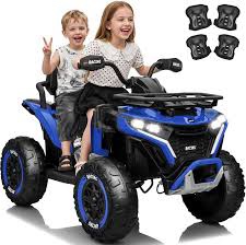 Condition photo showing New/Like New for pair of joyracer 24v ride on car, kids atv xl four wheeler w/eva tires, 19-inch leather 2 seater, 800w motors, remote control, knee pads, flower, 24 volt ride on toys quad for big kids, blue/red (bid is per item/lot is for 2 quads(1 red/1blue)