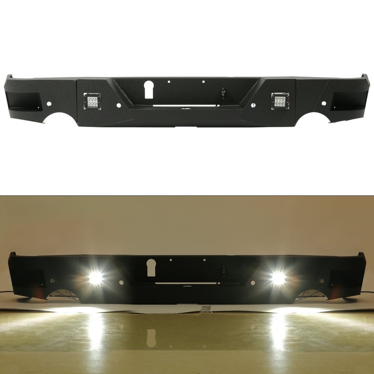 Kojem Rear Bumper 3 Piece for Dodge Ram 1500 2009-2018 W/ Dual Exhaust & Sensor Holes & 2 LED Light 18W Black Steel