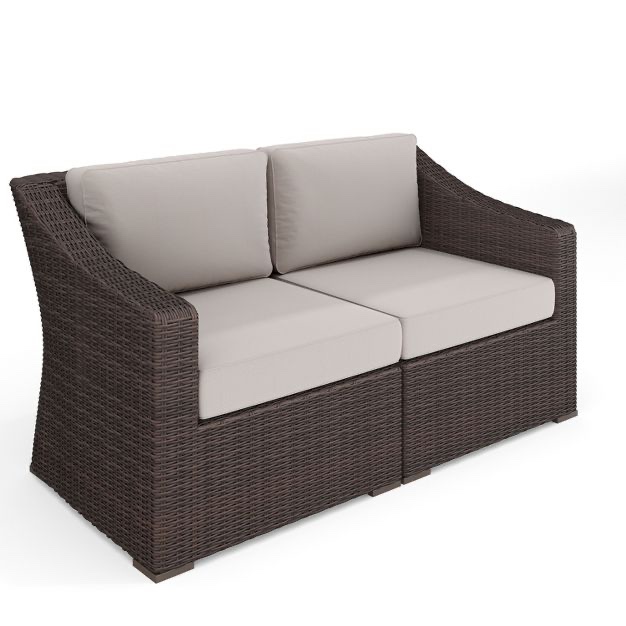 Condition photo showing New/Like New for martha stewart bedford indoor-outdoor modular patio loveseat in brown rattan wicker with tan all-weather cushions