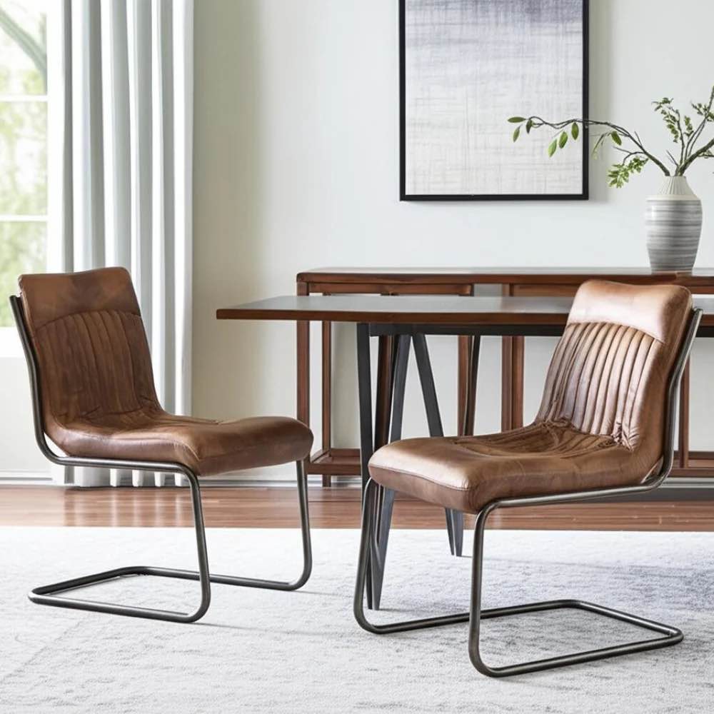 Set of 2 Industrial Moe's Home Collection Ansel Dining Chair Grazed Brown Leather-Set of 2