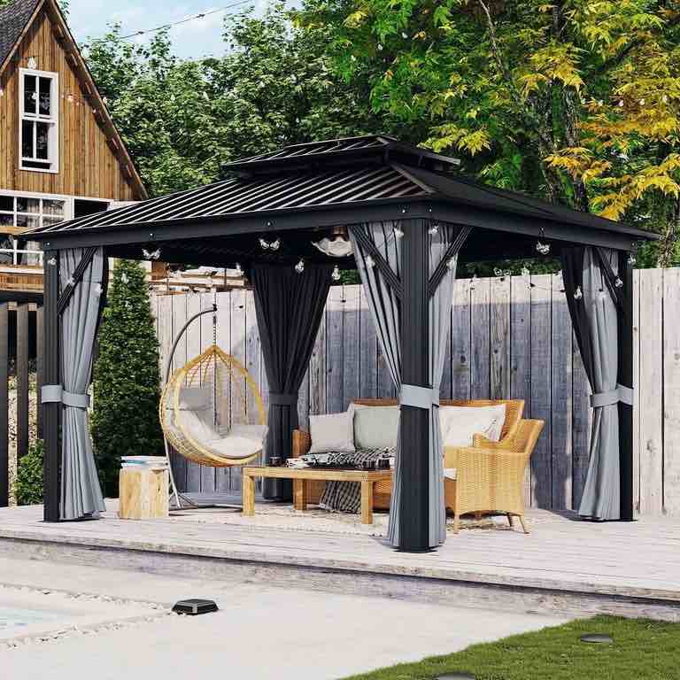 Aoxun 10' X 12' Hardtop Gazebo, Aluminum Metal Outdoor Gazebo with Galvanized Steel Double Roof, Permanent Patio Pavilion with Breathable Netting and Curtains for Dining, Wedding, Party G30064BR02B – 0Y