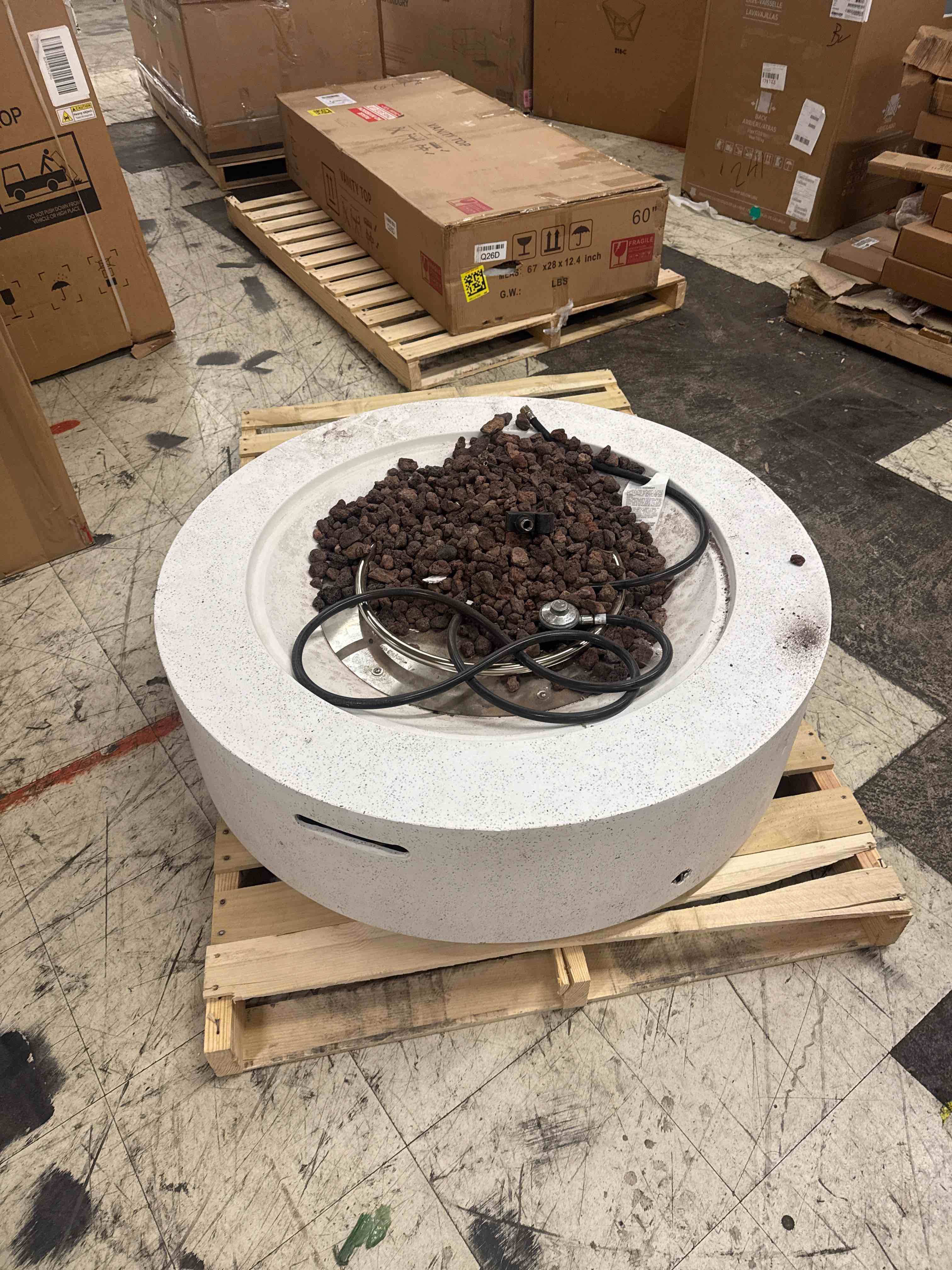 Condition photo showing Good Condition for cosiest outdoor propane fire pit coffee table w beige 42 inch round base patio heater, certified, 50,000 btu stainless steel burner, wind guard, tank outside, free lava rocks, waterproof cover