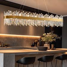 DUNFIZZ Modern Crystal Chandelier, L57'' Rectangle Gold Raindrop Chandelier Luxury Oval Pendant Ceiling Light Fixture for Living Room Dining Room Kitchen Island, G9 x 32 Lights - Amazon.com