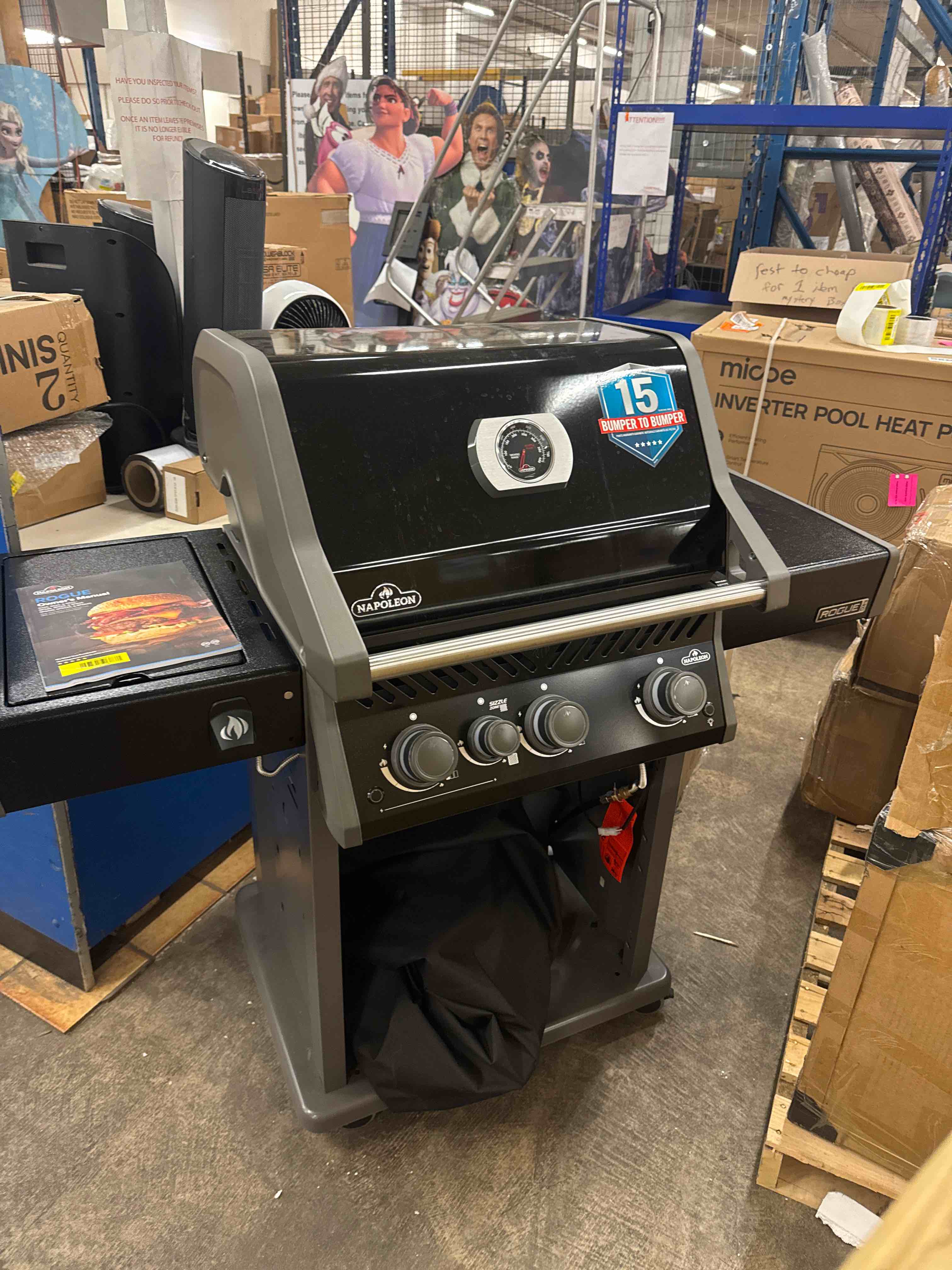 Condition photo showing Good Condition for napoleon rogue 425 propane gas grill with range side burner, black, 3 stainless steel main burners, durable grilling power includes : weather cover. (pre-assembled - see photos. missing cart door.)