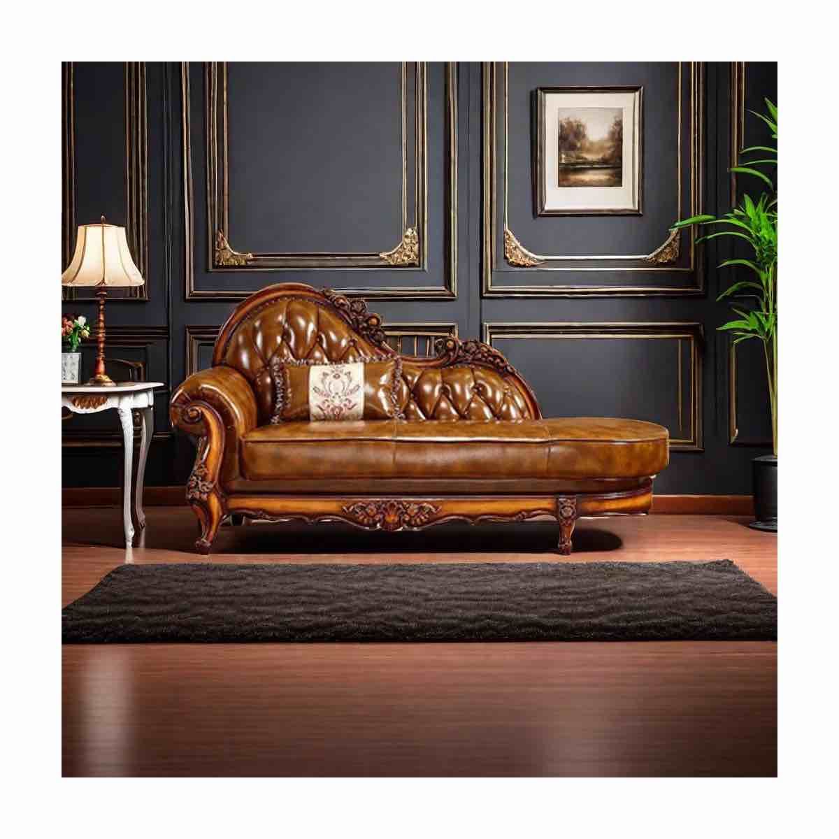 FEATURED:European Solid Wood Carved Leather Chaise Longue By Romero (SEE PHOTOS!)