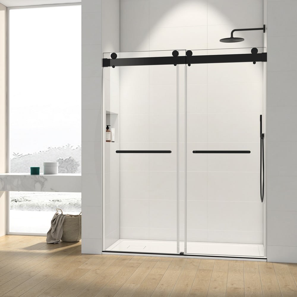 68 to 72 in. W x 76 in. H Double Sliding Frameless Shower Door, Soft-Close, 3/8 (10mm) Tempered Glass in Matte Black