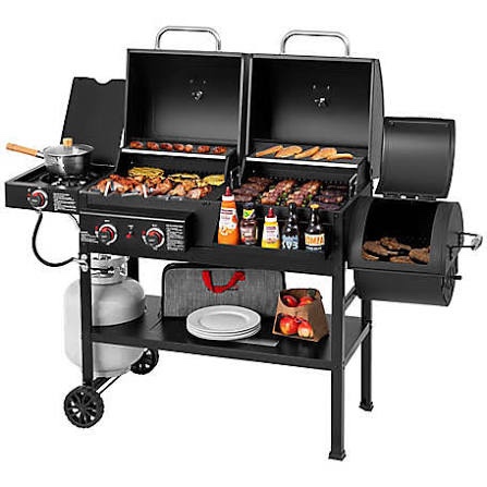 Condition photo showing New/Like New for oklahoma joe's canyon combo dual fuel 3-burner propane gas and charcoal smoker and grill with 1031 sq. in. cooking area in black
