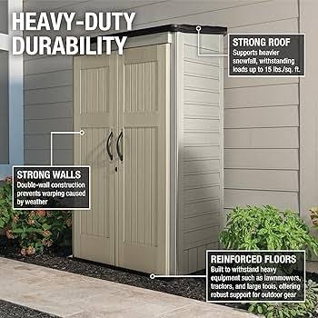 Condition photo showing New/Like New for rubbermaid outdoor resin vertical storage shed with floor (4 x 2.5 feet), weather resistant, beige/brown, home organization, patio, products