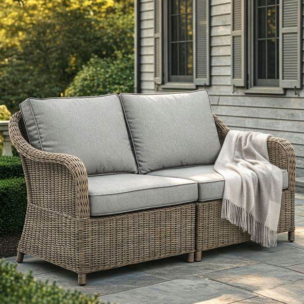 martha stewart lily pond indoor-outdoor modular patio loveseat in weathered gray rattan wicker with gray all-weather cushions