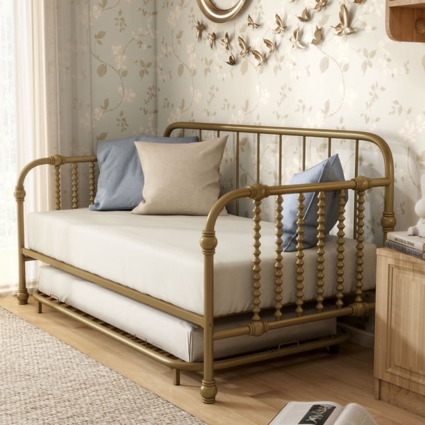 furniture of america wren metal 2-piece twin daybed with trundle set, gold
