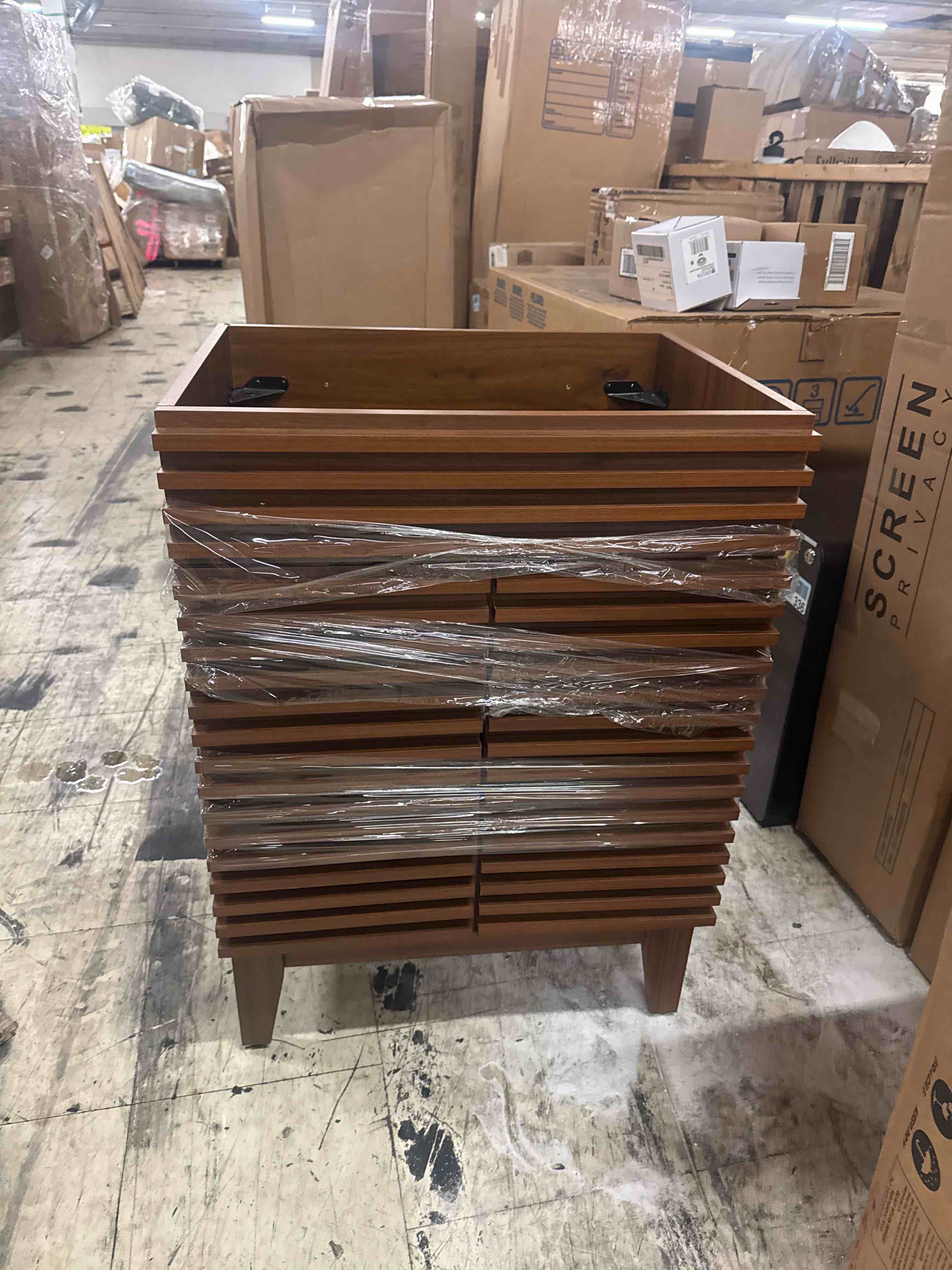 Condition photo showing New/Like New for modway render 30" bathroom vanity in walnut - w/ sink basin (pre-assembled base.)